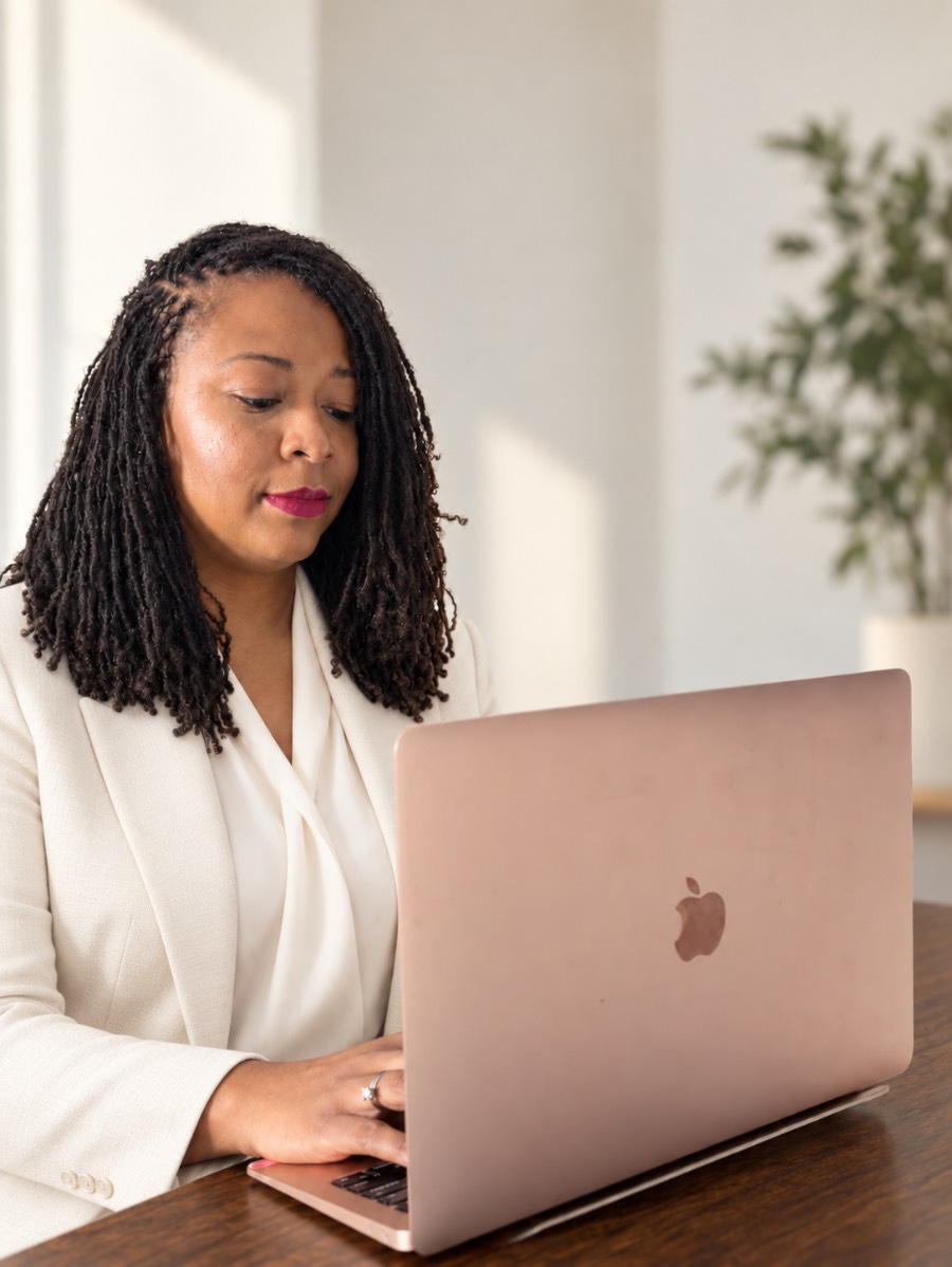 Tylvia Addoh, founder of Addoh & Co, working at a laptop